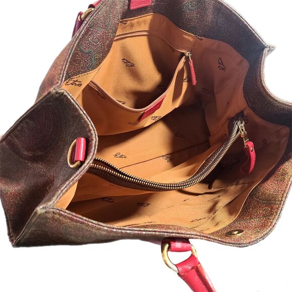 Etro (Authentic) Paisley Print Coated Canvas & Coral Pink Leather Large Bag VGUC - Picture 8 of 12
